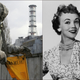 Split screen: aperson wearing a gas mask and hazmat suit gathers radioactive waste from Chernobyl; a vintage photo of a happy woman drinking wine